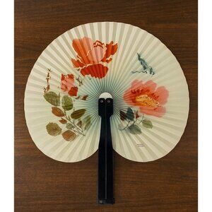 Chinese Paper Hand Fan Orange Pink Floral Black Handle Foldable 10” China
